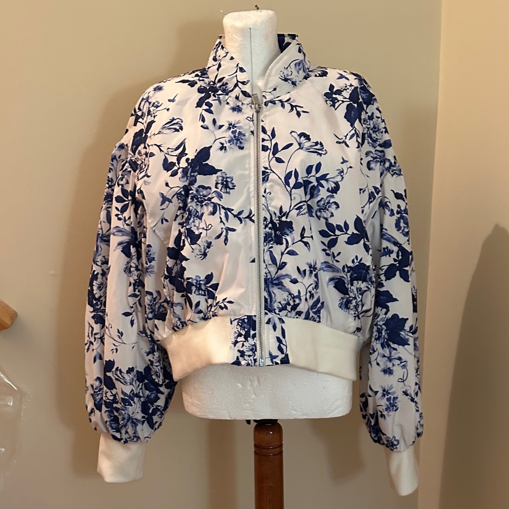 Anthropologie Blue Floral Bomber Jacket
